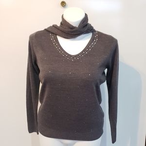 Carolyn Taylor V Grey Rhinestone Enhanced Sweater